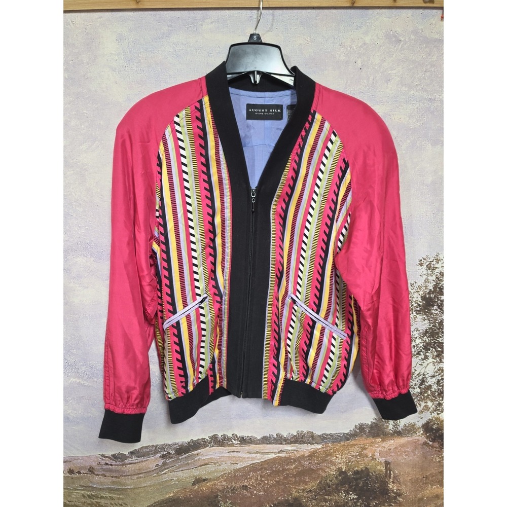 Vintage August Silk x Diane Gilman Multicolor Stripe Silk Bomber Jacket Small